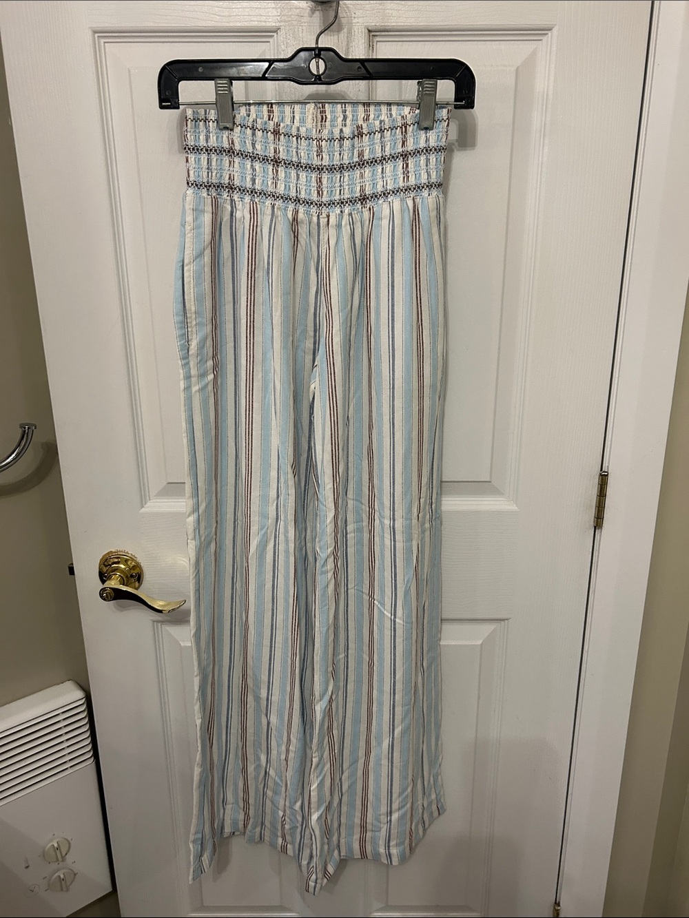 Smocked Waist Striped Wide-Leg pants - Light Blue/Brown